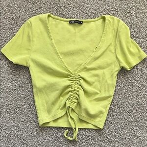 Zara Lime Green Ruched Ribbed Crop Tee Size Medium